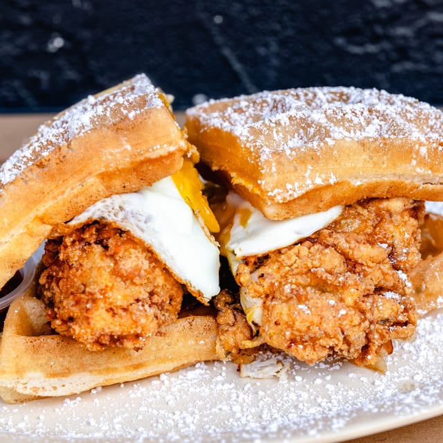 Mom's Sunrise Chicken And Waffle Sandwich.