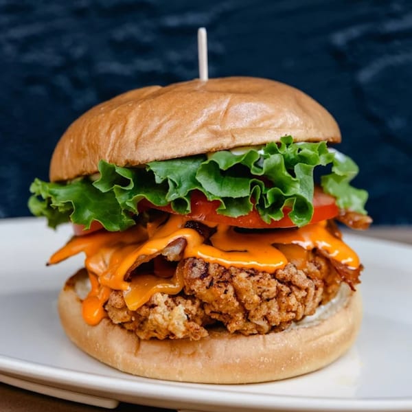 Crispy fried chicken sandwich with melted cheese, bacon, lettuce, and tomato on a bun.