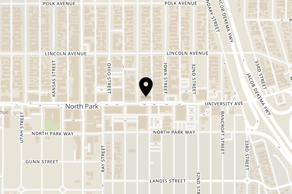 Map showing the location of Mom's Chicken and Waffles on 3112 University Ave in San Diego